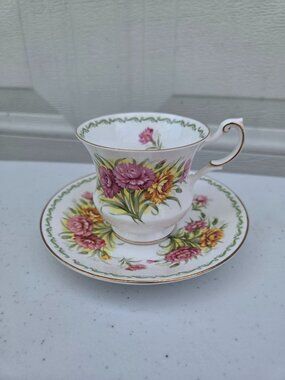Royal Dover Bone China Floral Carnation Teacup & Saucer Gold Trim